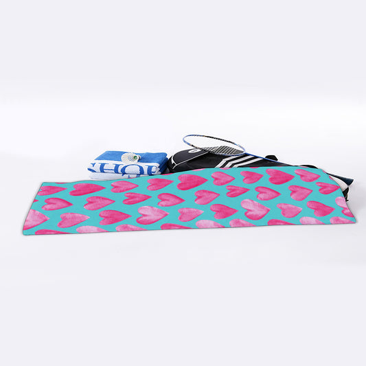 Pink And Teal Watercolor Heart Print Sports Towel