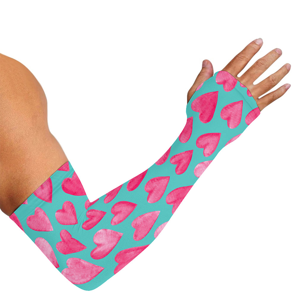 Pink And Teal Watercolor Heart Print Sun Protection Arm Sleeves
