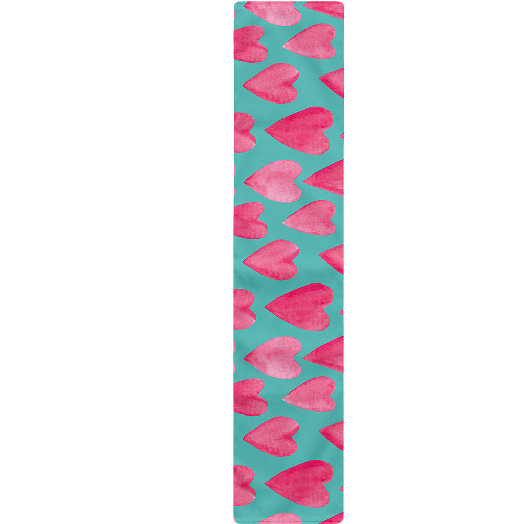 Pink And Teal Watercolor Heart Print Table Runner