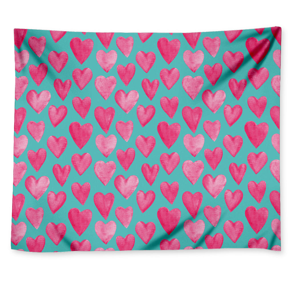 Pink And Teal Watercolor Heart Print Tapestry