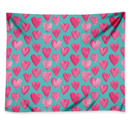 Pink And Teal Watercolor Heart Print Tapestry