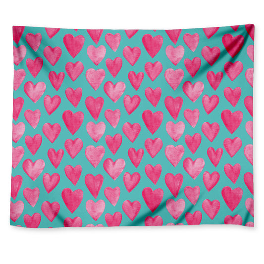 Pink And Teal Watercolor Heart Print Tapestry