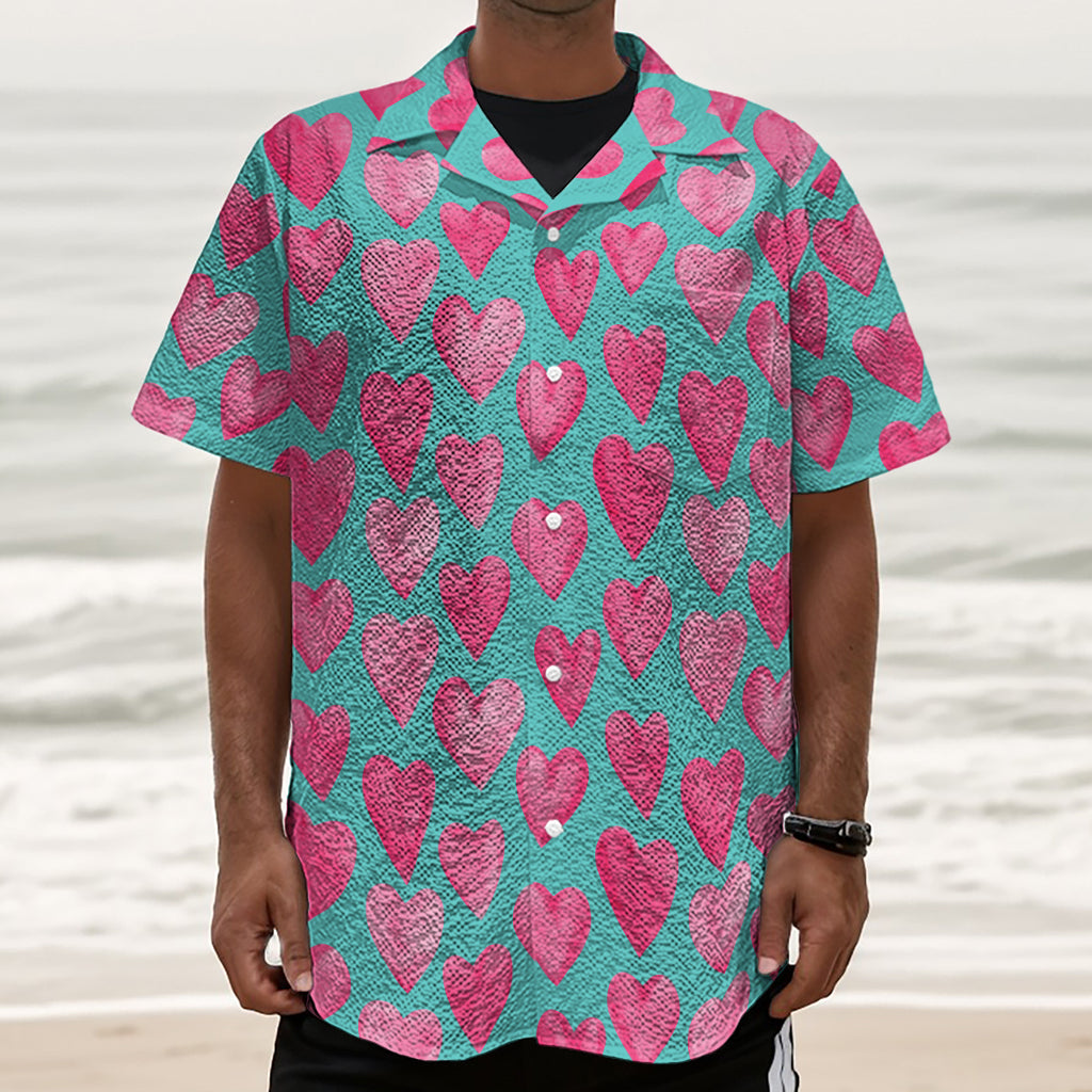 Pink And Teal Watercolor Heart Print Textured Short Sleeve Shirt