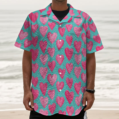 Pink And Teal Watercolor Heart Print Textured Short Sleeve Shirt
