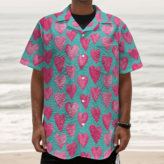 Pink And Teal Watercolor Heart Print Textured Short Sleeve Shirt