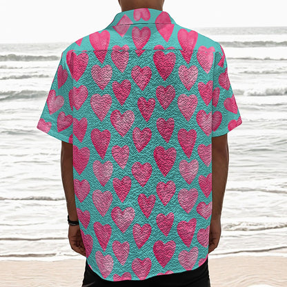 Pink And Teal Watercolor Heart Print Textured Short Sleeve Shirt