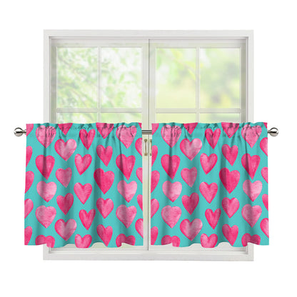 Pink And Teal Watercolor Heart Print Tier Curtains