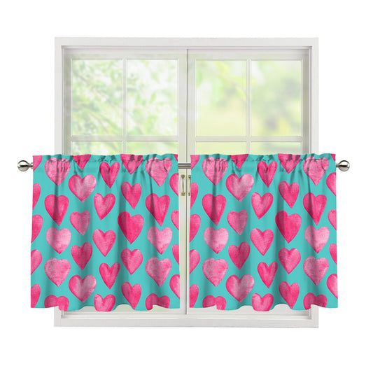Pink And Teal Watercolor Heart Print Tier Curtains