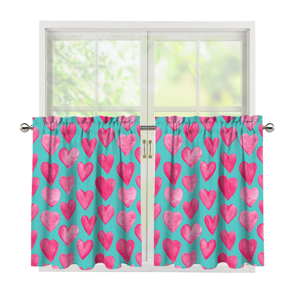 Pink And Teal Watercolor Heart Print Tier Curtains