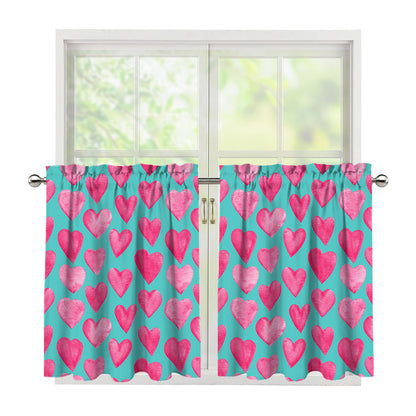 Pink And Teal Watercolor Heart Print Tier Curtains