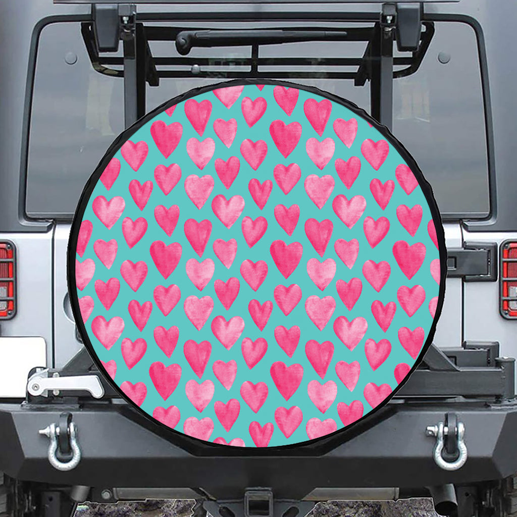 Pink And Teal Watercolor Heart Print Tire Cover