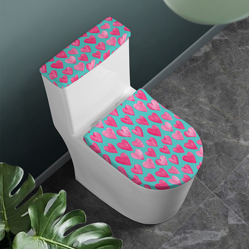Pink And Teal Watercolor Heart Print Toilet Lid And Tank Cover Set