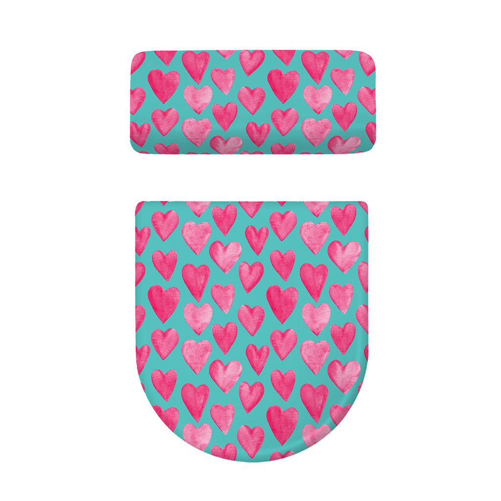 Pink And Teal Watercolor Heart Print Toilet Lid And Tank Cover Set