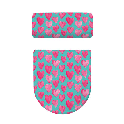 Pink And Teal Watercolor Heart Print Toilet Lid And Tank Cover Set