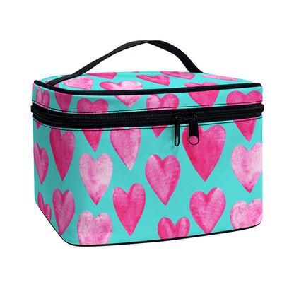 Pink And Teal Watercolor Heart Print Travel Makeup Bag