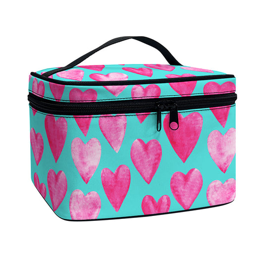 Pink And Teal Watercolor Heart Print Travel Makeup Bag