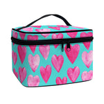 Pink And Teal Watercolor Heart Print Travel Makeup Bag