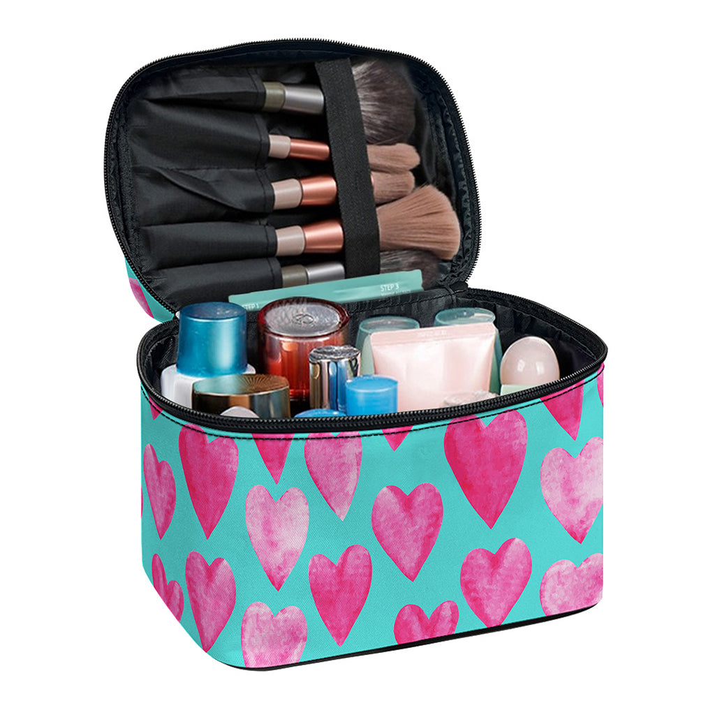 Pink And Teal Watercolor Heart Print Travel Makeup Bag