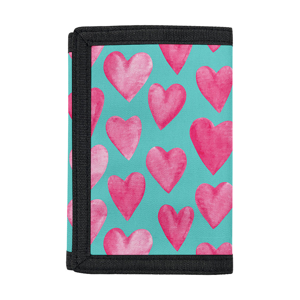 Pink And Teal Watercolor Heart Print Trifold Wallet