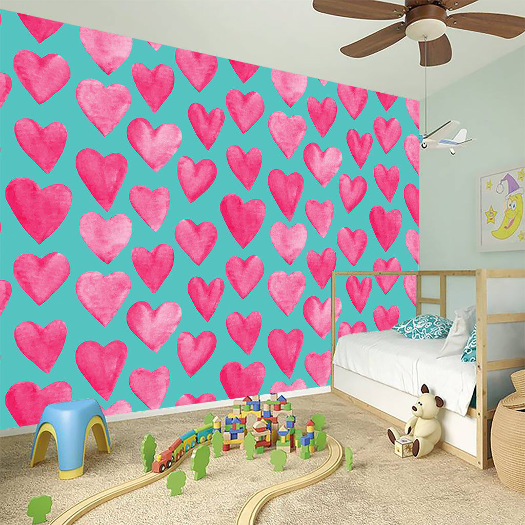 Pink And Teal Watercolor Heart Print Wall Sticker