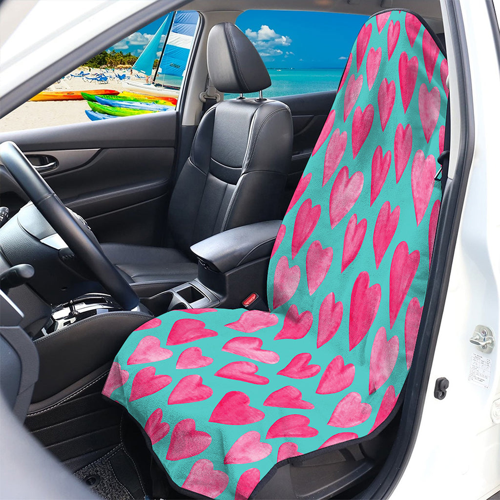 Pink And Teal Watercolor Heart Print Waterproof Car Seat Cover