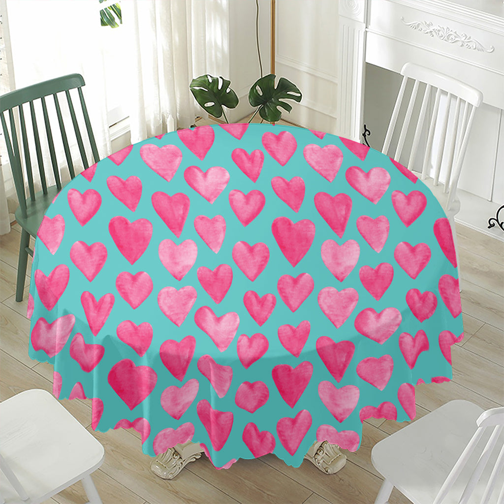 Pink And Teal Watercolor Heart Print Waterproof Round Tablecloth