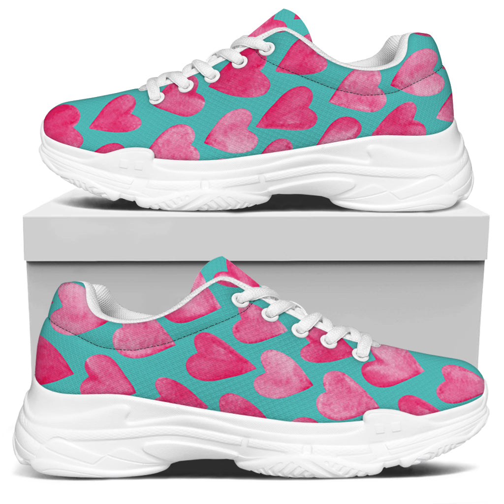 Pink And Teal Watercolor Heart Print White Chunky Shoes