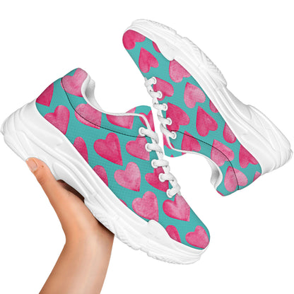 Pink And Teal Watercolor Heart Print White Chunky Shoes