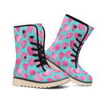 Pink And Teal Watercolor Heart Print Winter Boots