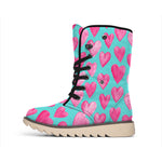 Pink And Teal Watercolor Heart Print Winter Boots