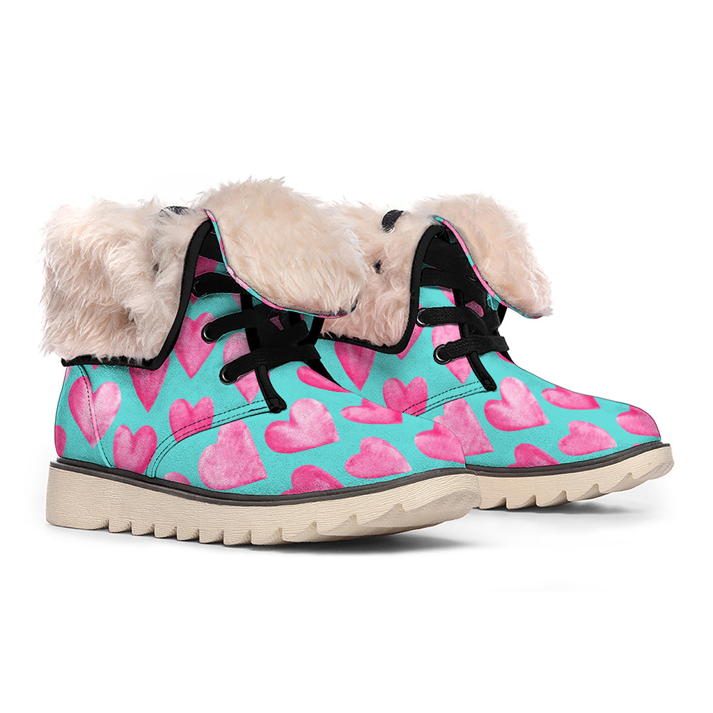 Pink And Teal Watercolor Heart Print Winter Boots