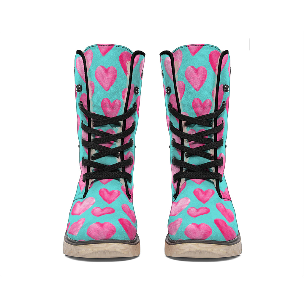 Pink And Teal Watercolor Heart Print Winter Boots