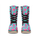 Pink And Teal Watercolor Heart Print Winter Boots