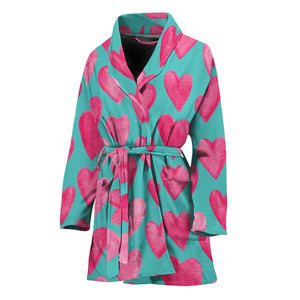 Pink And Teal Watercolor Heart Print Women's Bathrobe