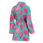 Pink And Teal Watercolor Heart Print Women's Bathrobe