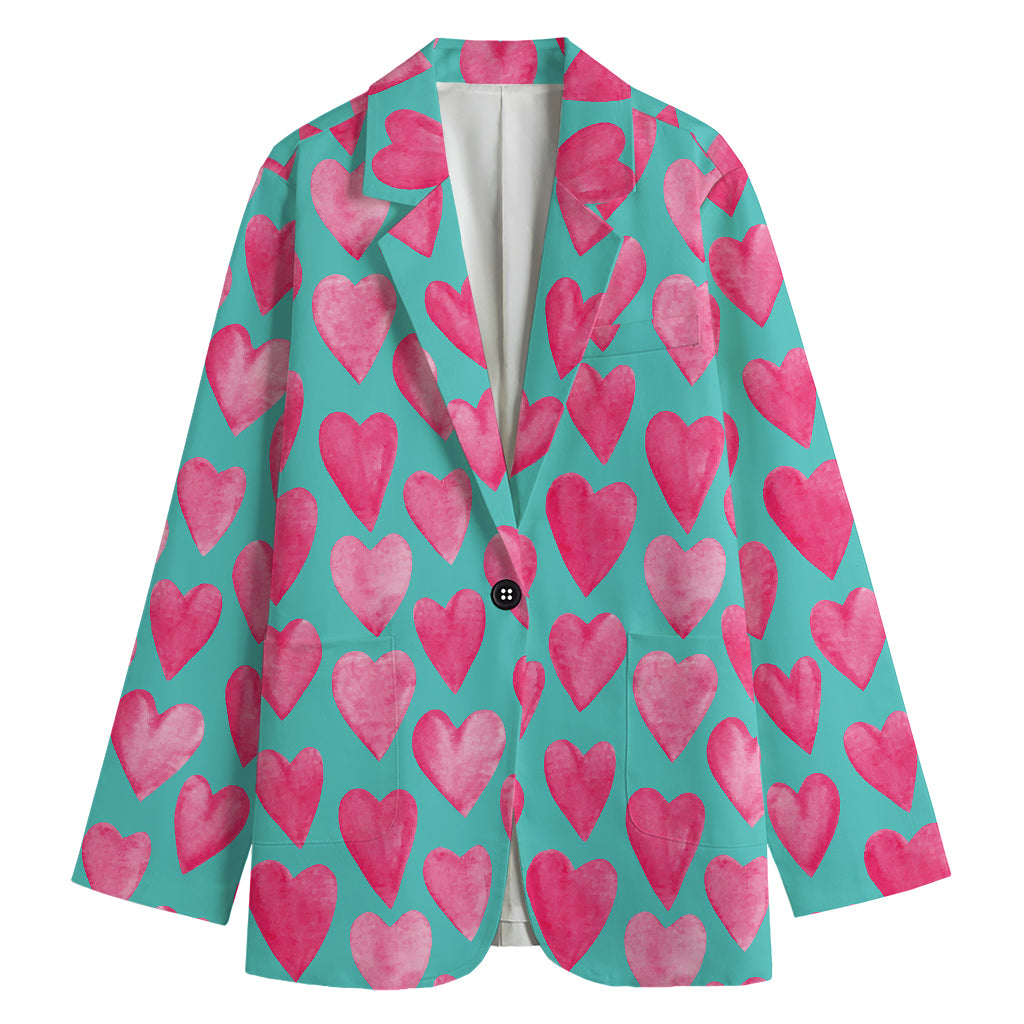 Pink And Teal Watercolor Heart Print Women's Blazer