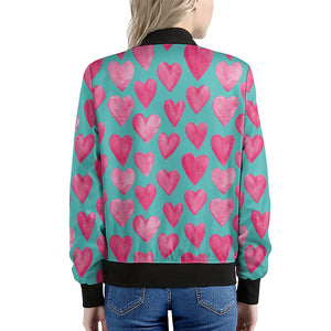 Pink And Teal Watercolor Heart Print Women's Bomber Jacket