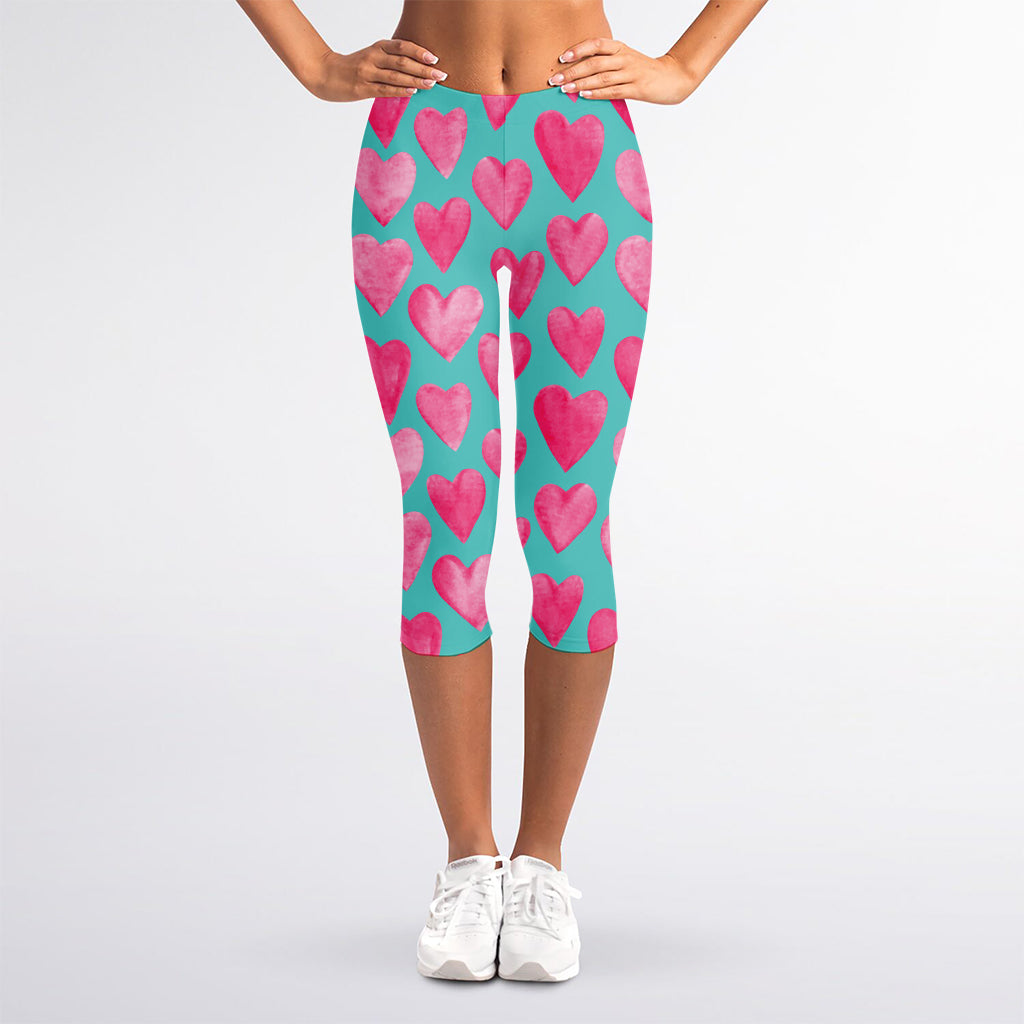 Pink And Teal Watercolor Heart Print Women's Capri Leggings