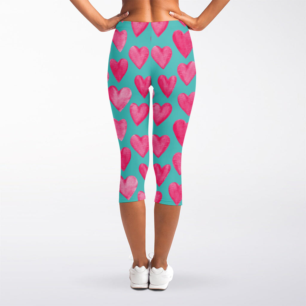 Pink And Teal Watercolor Heart Print Women's Capri Leggings