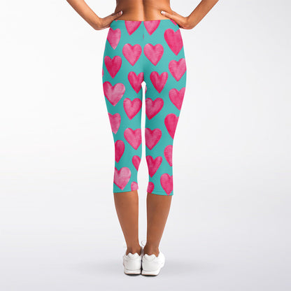 Pink And Teal Watercolor Heart Print Women's Capri Leggings