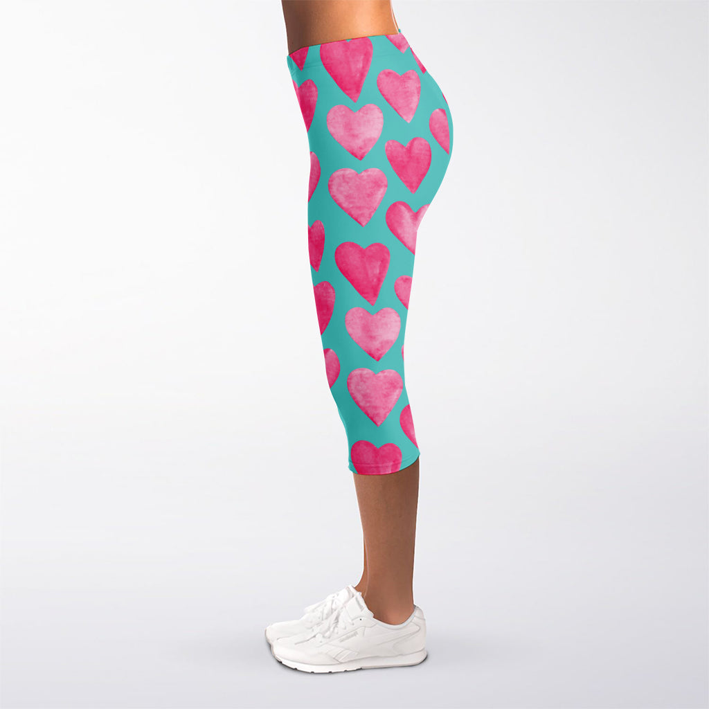 Pink And Teal Watercolor Heart Print Women's Capri Leggings