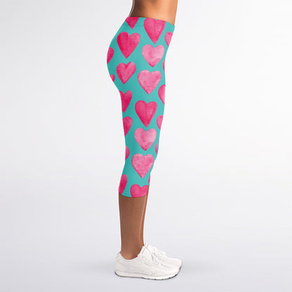 Pink And Teal Watercolor Heart Print Women's Capri Leggings