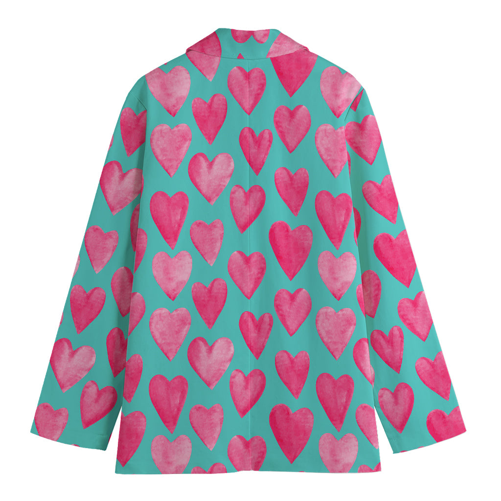 Pink And Teal Watercolor Heart Print Women's Cotton Blazer