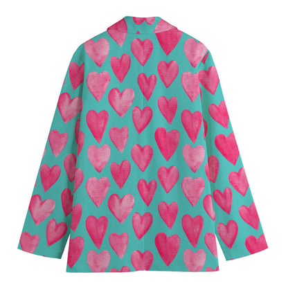 Pink And Teal Watercolor Heart Print Women's Cotton Blazer