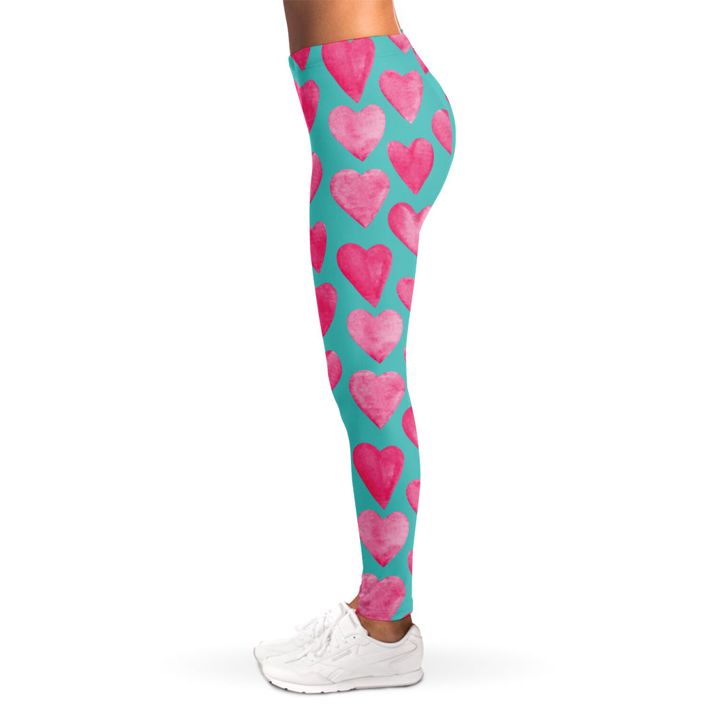 Pink And Teal Watercolor Heart Print Women's Leggings
