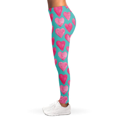 Pink And Teal Watercolor Heart Print Women's Leggings