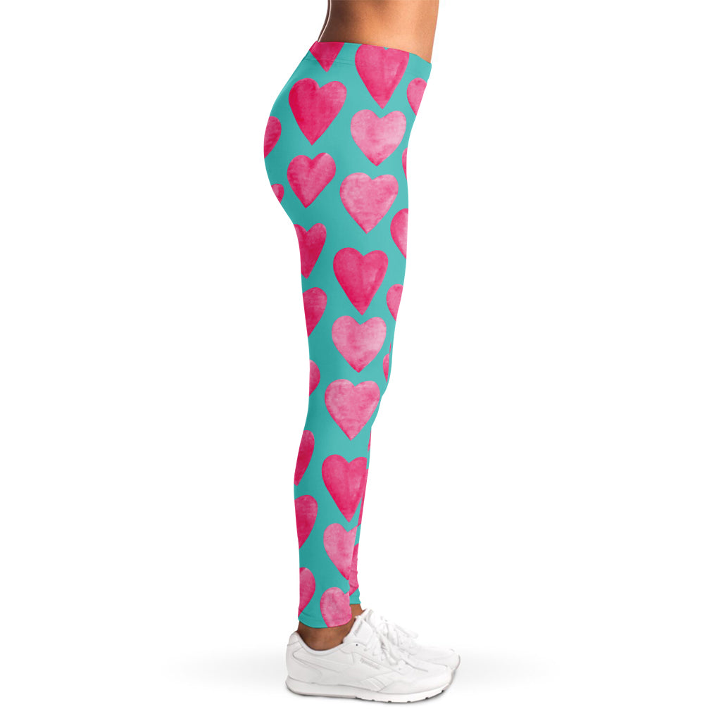 Pink And Teal Watercolor Heart Print Women's Leggings