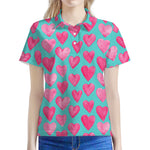 Pink And Teal Watercolor Heart Print Women's Polo Shirt
