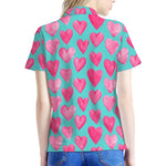 Pink And Teal Watercolor Heart Print Women's Polo Shirt