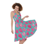 Pink And Teal Watercolor Heart Print Women's Sleeveless Dress